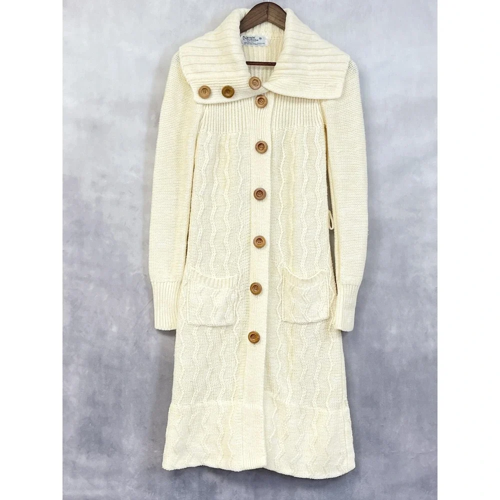 Vtg 70s Gemini Collection Long Cardigan Sweater Women Medium Cable Knit Cottage